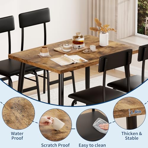 Image of IDEALHOSUE Dining Table Set for 4, 5 Piece Kitchen Table Set with 4 Upholstered Chairs, Breakfast Table for Samll Space, Dining Room, Apartment, Restaurant, Rustic Brown
