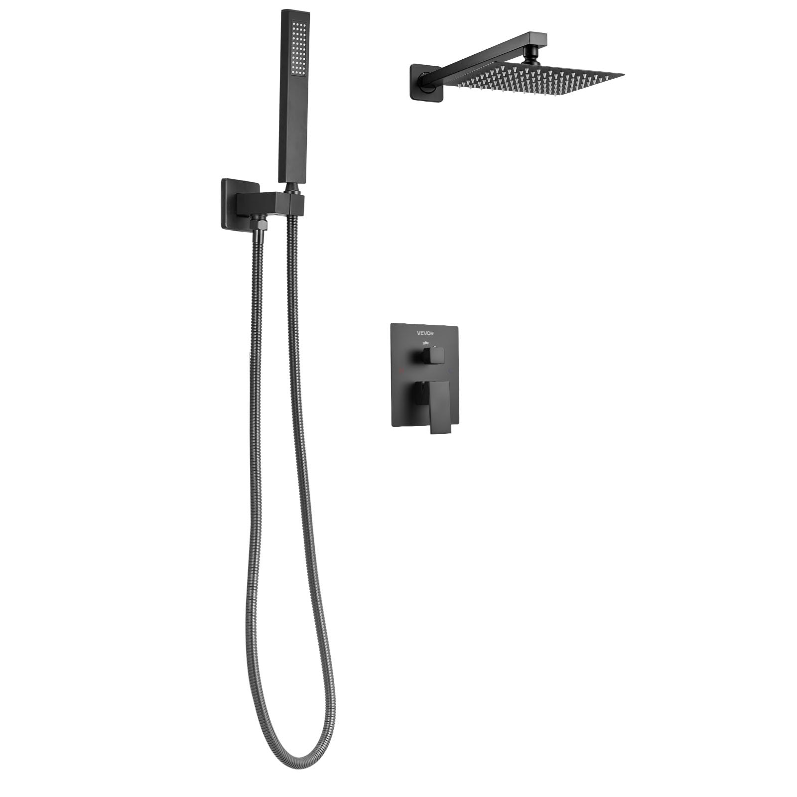 VEVOR Juego de Grifo de Ducha de Lluvia con Cabezal de Ducha cuadrado de 20,3 cm y Rociador de Mano, Grifería de Baño de Pared con Válvula de Latón y Kit de Embellecedor, 6,7 L/min, Negro Mate