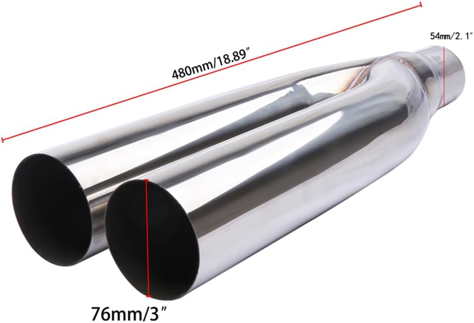 Universal Weld-On Dual Exhaust Tip - 19 Inch Stainless Steel U-Type Tailpipe, 54mm Inlet & 76mm Outlet, Double Barrel Exhaust Pipe Tip for Truck, SUV, Car, Sedan, Chrome
