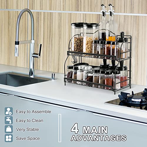 Flanney Spice Rack Organizer For Countertop, 2 Tier Bathroom Shelf, Desktop Makeup Organizer, Small Storage Rack For Kitchen, Bath Room, Bedroom And Office (Black) #TOP3