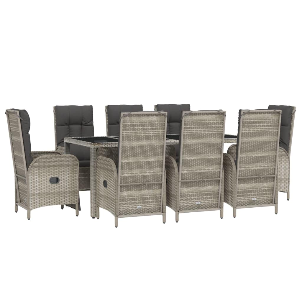 9-TLG. Gruppo da giardino in polyrattan grigio con cuscino, sedie regolabili, tavolo in legno di acacia, per terrazza, balcone, sala da pranzo
