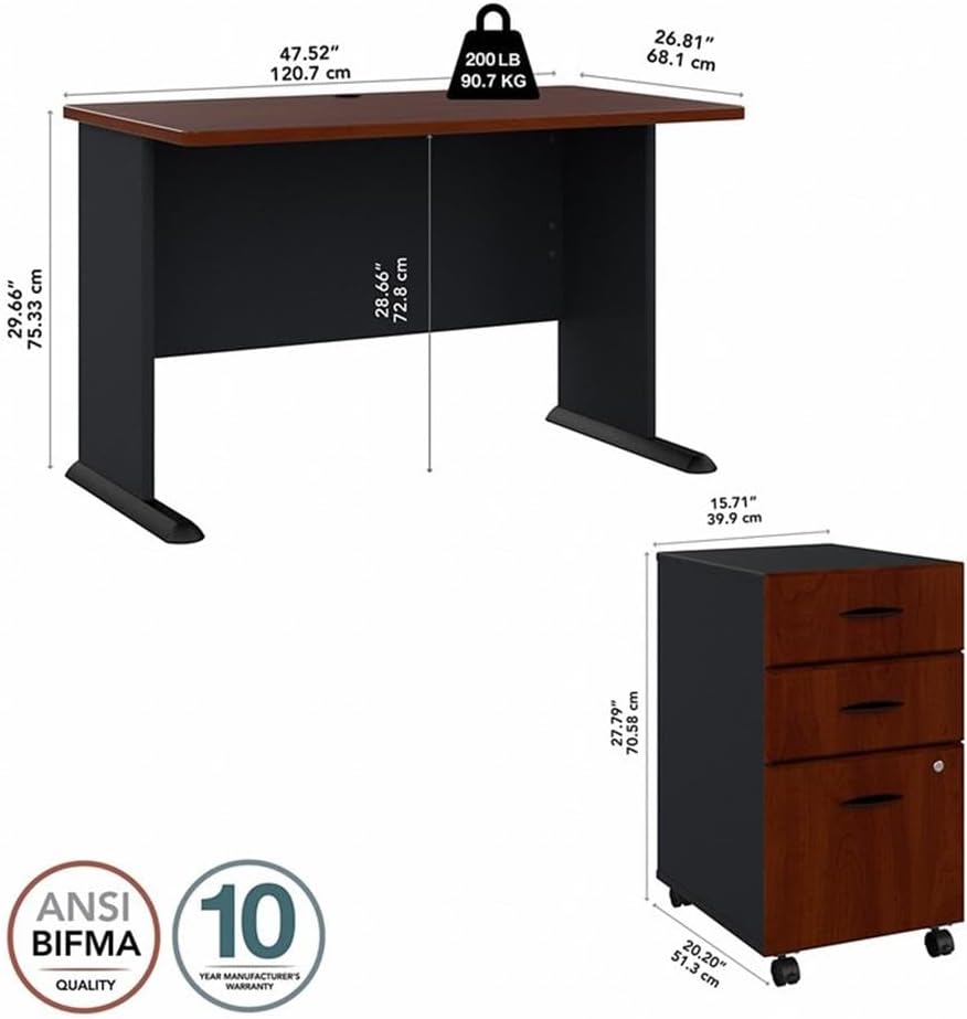 Bush Business Furniture Series A 48W Desk with Mobile File Cabinet in Hansen Cherry and Galaxy