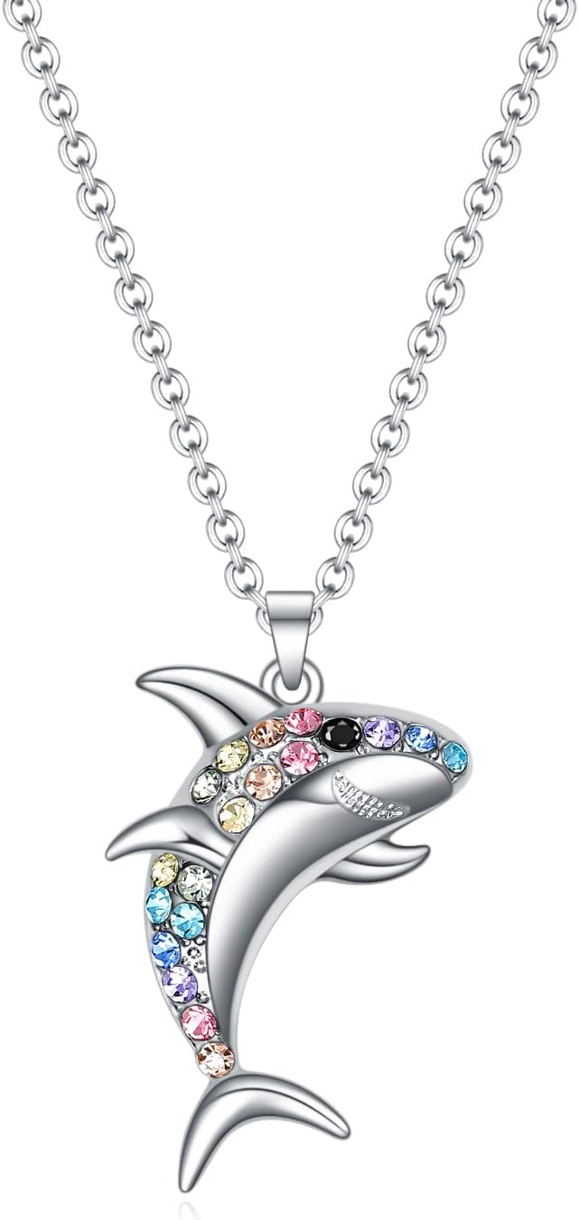 SUMFAN Shark Penguin Dolphin Sea Turtle Necklace Gifts for Girls Women,Rainbow Crystal Girls Birthday Gifts Animal Jewelry Pendant for Daughter