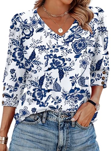 XIEERDUO Summer Boho Tops for Women 2026 Beach Fashion Vacation Fall Clothes 3/4 Length Sleeve Womens Tops Early Fall Outfits Clothing Blouses Shirts F-White Tribal Blue Floral L