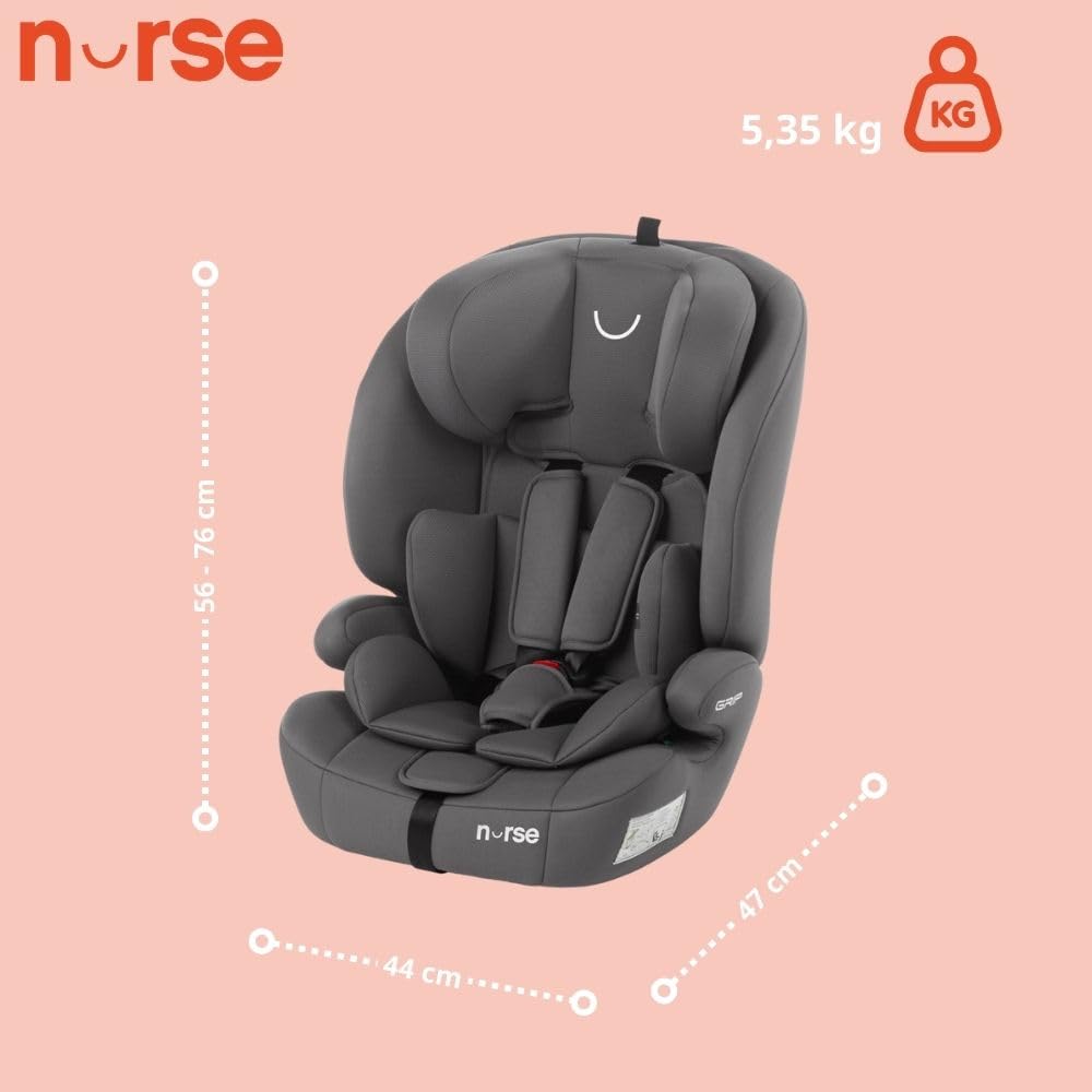Nurse by Jané Grip Silla de Coche iSize 76–150 cm, 2–12 Años, Sin Isofix, Instalación con Cinturón, 9 Posiciones, Grupo 1 2 3, Gris (Storm)