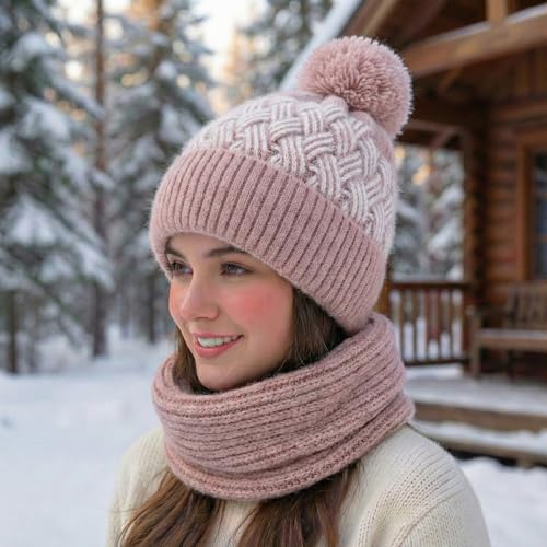 Image of Kraptick Women's Winter Cap and Scarf Set- Thick Fleece Lined Knitted Beanie Hat and Neck Warmer Muffler for Ladies, Stretchable & Soft Woolen Snow Proof for Extreme Cold -6