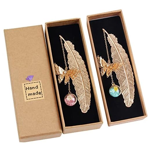 2Pcs Marque-page plume en métal,apillon en métal avec Papillon et Fleur Sèche Éternelle Perles de Verre Pendentif Idéal Cadeau pour les lecteurs
