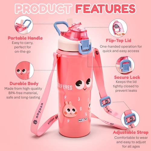 Image of Nayasa Kiddy Duo-Sip Insulated Inner Steel Kids Water Bottle 700-635ml | BPA-Free, Food Grade | Cute Bunny Print | Dual Sipping Modes | With Strap, Handle - Pink
