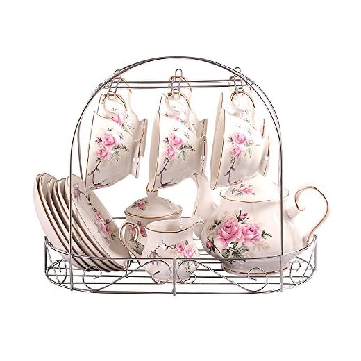 ufengke 15 Piece European Bone China Coffee Cup Set, Ceramic Porcelain Tea Cup Set with Metal Holder, Tea Gift Sets, Pink Camellia Painting