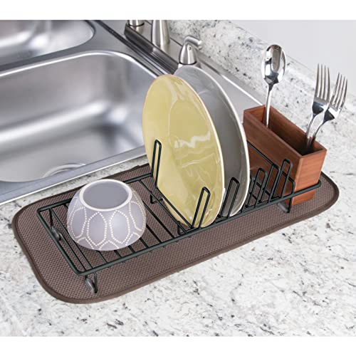 Mdesign Compact Modern Kitchen Countertop, Sink Dish Drying Rack, Removable Cutlery Tray - Drain And Dry Wine Glasses, Bowls And Dishes - Metal Wire Drainer In Black With Cherry Bamboo Caddy #TOP2