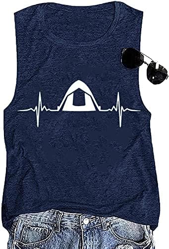 Beach Vacation Tank Tops Women Summer Sleeveless Heartbeat Graphic Print T-Shirt Hiking Mountain Vacation Travel Tee Muscle Shirt-S (Dark Blue)
