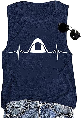 Beach Vacation Tank Tops Women Summer Sleeveless Heartbeat Graphic Print T-Shirt Hiking Mountain Vacation Travel Tee Muscle Shirt-S (Dark Blue) #TOP21