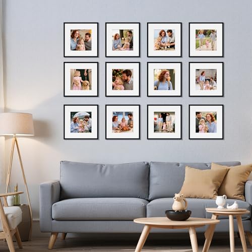 Image of Giftgarden 12x12 Picture Frame Black Set of 16, Matted to 8x8 Photo with Mat, Lightweight Square Gallery Frames for Wall Hanging Display
