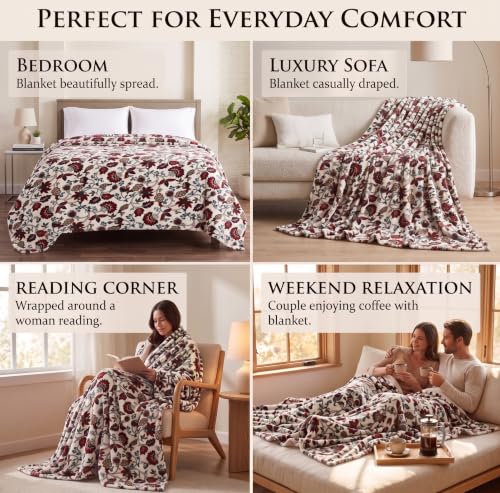 Image of VAS COLLECTIONS 280 GSM Flannel Blanket for Double Bed, Ultra Soft Plush Fleece Blanket, Warm & Cozy Heavy Winter Blanket, Breathable AC Blanket, for Home & Hotel, 220 x 230 cm - Ivory Crimson