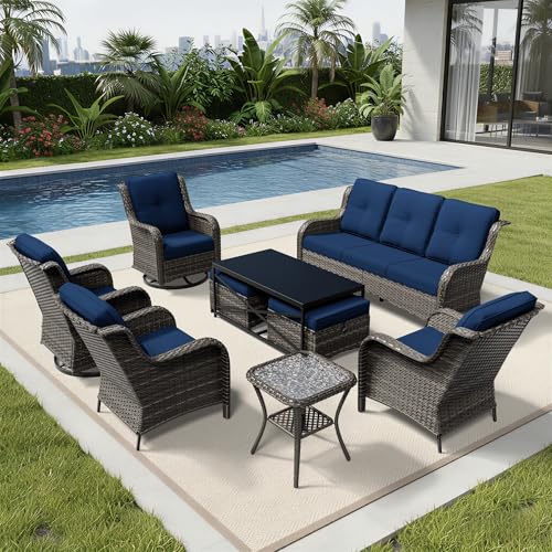 Image of Joyside 9 Piece Wicker Patio Furniture Set, Outdoor Swivel Rocker Patio Chairs with High Back, Deep Seating, Wide Armrest, Thickened Cushions, Outdoor Furniture for Deck, Porch Use