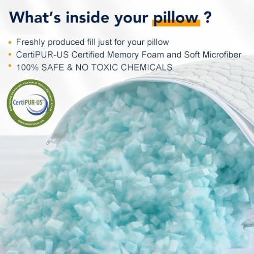 QUTOOL Cooling Pillow for Sleeping, CertiPUR-US Shredded Memory Foam Queen Pillows Set of 2, Cool Pillow for Hot Sleepers Adjustable Firm Pillow for Side, Back, Stomach Sleepers Soft Yet Support,White — view 7