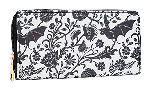 Skull Wallets for Women, Zip Around Goth Wallet Large Capacity Phone Case Long Purse Credit Card Clutch for Women Ladies Girls (Goth Bat)