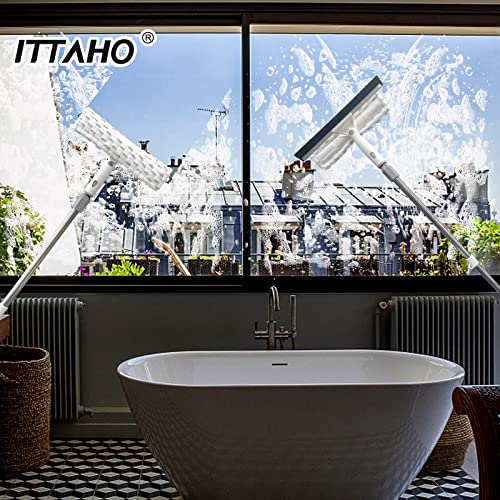 Ittaho Squeegee For Window Cleaning,12" Squeegee And 11" Microfiber Scrubber Combi With Stainless Steel Pole,Extendable Squeegee Window Cleaner For Car,Sliding Door,Shower Glass Door #TOP6