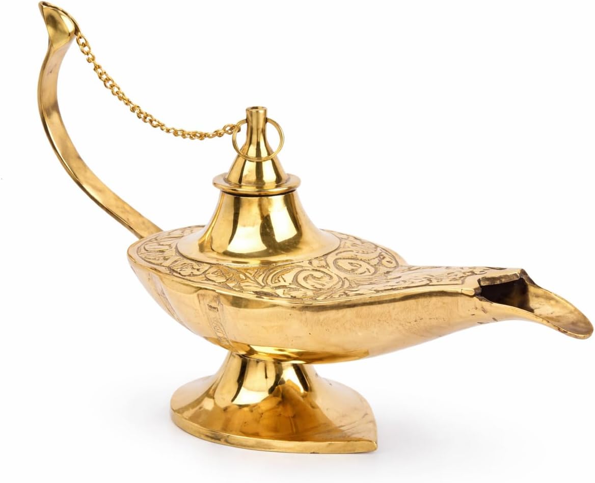 ALFAMART HT Exquisitely Handcrafted (9-Inch aprox) Brass Aladdin Oil Lamp with Intricate Detailing and Antique Finish – Perfect for Home Décor, Unique Centerpiece, and Vintage Collector's Piece
