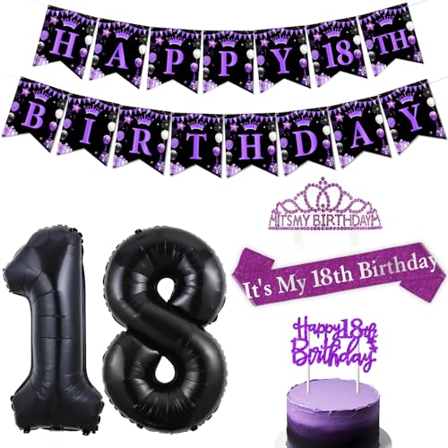 Décoration 18e anniversaire violette noire, ballons et écharpe 18 ans