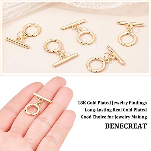 BENECREAT 10 Sets 18K Gold Plated Brass Toggle Clasps Flat Round Toggle Clasps Connectors(Ring: 13x1.5mm) for Necklace Bracelet Jewelry Making - Image 3