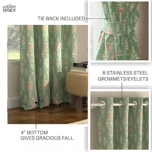 Image of Urban Space Blackout Curtains 8 Feet Set of 2 for Long Door, 80-85% Light Blocking Curtains for Living Room, Digital Printed Curtains with Eyelets, Tieback Included (Imperial sage Green, 8 Feet)