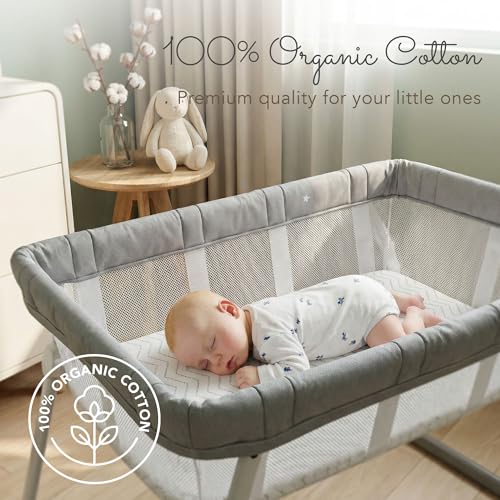 Image of 100% Organic Cotton Bassinet Sheets for Guava Lotus Bassinet, 2 Pack - Breathable Soft Fitted Bassinet Sheets for Baby & Newborn, Unisex (Grey and White)