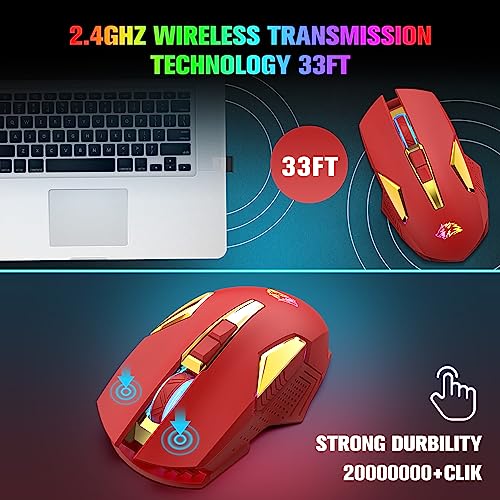 Felicon Wireless Gaming Mouse Rechargeable With Rainbow Rgb Backlit,Optical Sensor 3 Level Dpi,Ergonomic Gamer Laptop High Performance Pc Mice With 8 Buttons For Windows 7/8/10/Xp Vista（Red） #TOP2