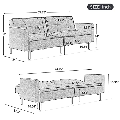P Purlove Linen Upholstered Modern Sofa Bed With Armrest, Sofa With Adjustable Backrest, Convertible Folding Futon Sofa Bed With Sturdy Metal Legs, For Living Room, Bedroom, Office, Orange #TOP1