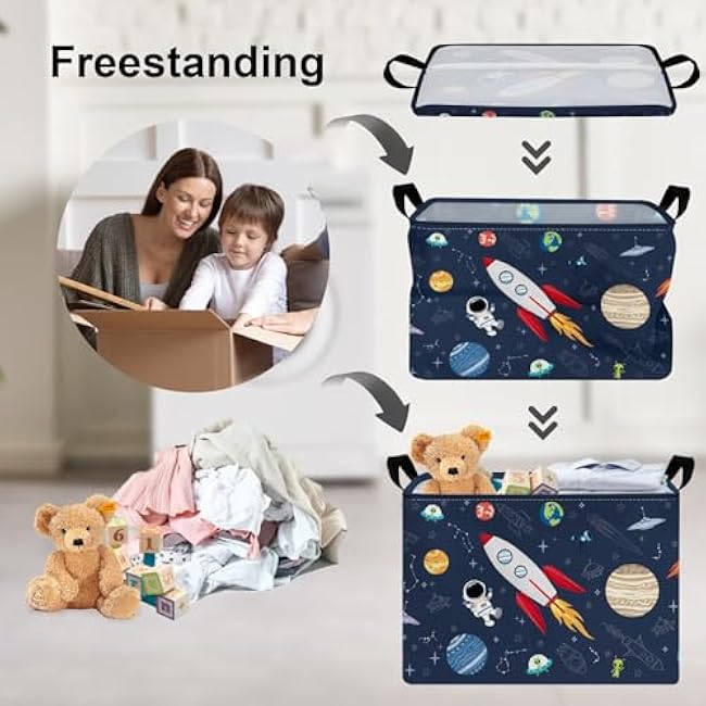 Clastyle Rocket Astronaut Shelf Basket for Boys Cosmic Planet Universe Blue Storage Bin Rectangle Clothes Books Toy Storage Cube, 36L