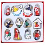 eBuyGB Juego de 12 Decoraciones para árbol de Navidad de Madera, pintadas a Mano, Rojo, 15.5 x 12.5 x 2 cm, Unidades