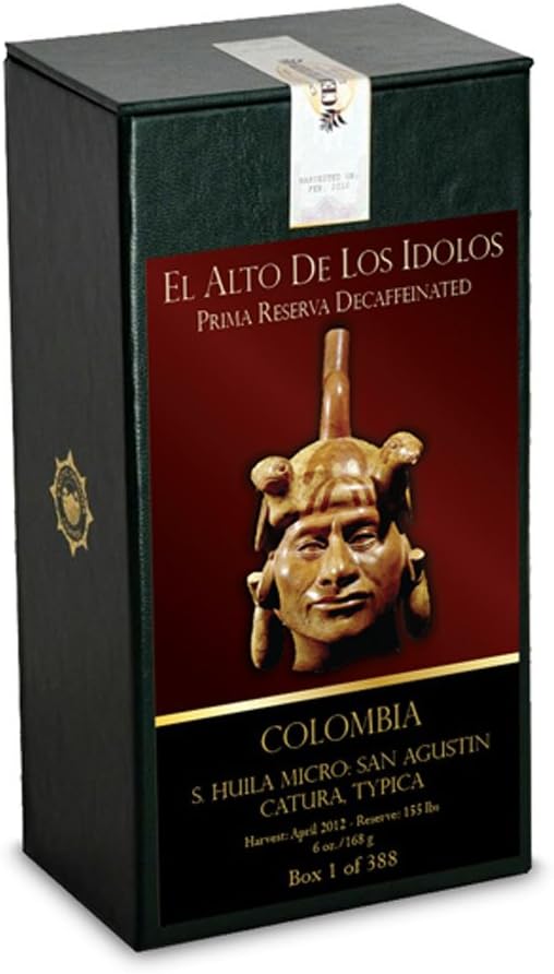 SOLD OUT! Exotic Origins Coffee: 6 Boxes of 91 Point – El Alto De Los Idolos – Decaf – Blend of Two Varietals: Caturra and Typica – Limited Reserve of 155 Pounds – San Agustin Micro Climate in Huila, Colombia – Save 20% on Six Sequentially Numbered Boxes of 388 – Whole Bean – 6 Oz.