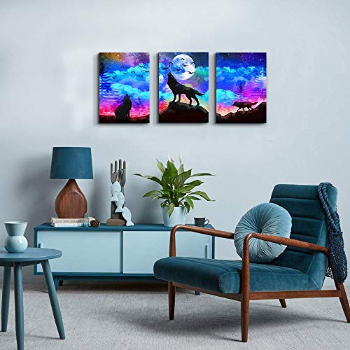 Canvas Wall Art For Living Room Bathroom Wall Decor For Bedroom Kitchen Artwork Canvas Art Prints 3 Pieces Modern Framed Office Home Decorations Blue Starry Sky Landscape Paintings Wolf Hang Pictures #TOP5