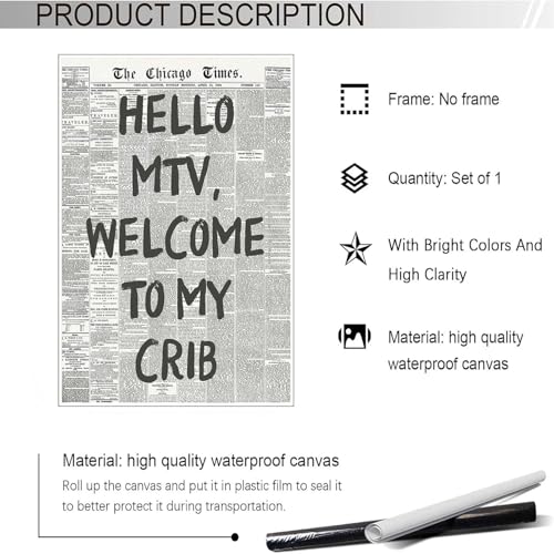Image of Drimiler Hello Mtv Welcome To My Crib Poster Vintage Black And White Newspaper Canvas Wall Art Positive Affirming 70'S Room Aesthetic Prints Painting For Home Bedroom Dorm Wall Decor 8x12in Unframed