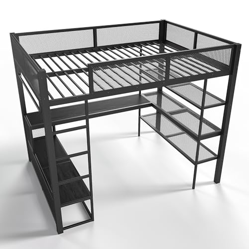 Image of Bellemave Queen Size loft Bed with Desk and Storage Shelves and Hanging Rod, Metal Queen Loft Bed Frame for Adults, Kids, Teens, Black