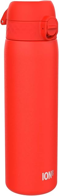 Ion8 Termoizolowana Butelka na Wodę, Stali Nierdzewnej, 500 ml/18 oz, Szczelna, Łatwa w Otwieraniu, Bezpieczny Zamek, Można Myć w Zmywarce, Uchwyt do Przenoszenia, Metalowa Butelka, Czerwony