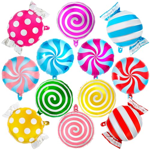 12 Pcs Sweet Candy Balloon Set 18 Inch Candies Mylar Foil Balloons Round Lollipop Balloon Candy themed Party Decorations for Kids Christmas Birthday Party Baby shower supplies