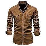 tee shirt homme cotton ete UHouse Chemise Homme Coton Délavé Chemisette Manches Longues Décontracté Vetement Bouton de Manchette Leger Haut Respirant Habit avec Poche Tunique Fin Cut vêtement Brun 3XL