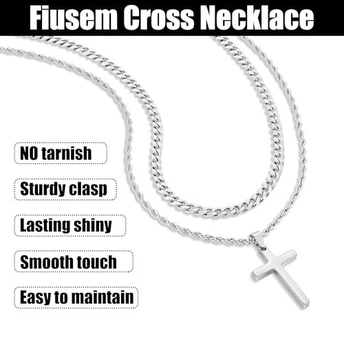 Fiusem 2 Pcs Cross Necklace Chain for Men and Women, Layered Mens Cross Necklaces Stainless Steel Pendant Cuban Link Rope Chain 16-26 Inch, Jewelry Gift 5