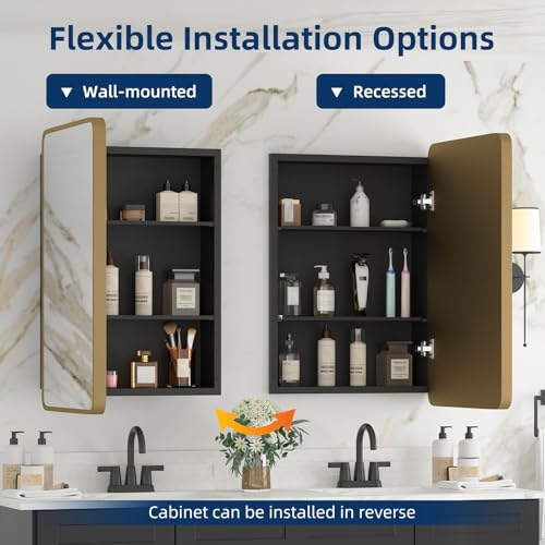 YTSMIR Bathroom Medicine Cabinet with Mirror 16 x 24 Inch, Gold Medicine Cabinet Recessed or Surface Wall-Mounted, Mirrored Cabinets with 2 Adjustable Shelves for Bathroom Vanity by YTSMIR - Used condition - Image 3