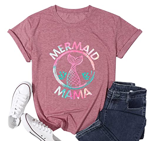 Women Mermaid Mama Shirt Mermaid Mom Birthday Tee Top T-Shirt Light Pink