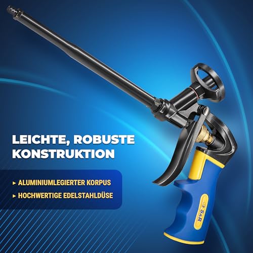S&R Schaumpistole, komplette PTFE Antihaft-Beschichtung, Präzise Dosier-Pistole mit Einhand-Einstellung für PU-Schaum, Füllschaum-Dosen, Bauschaum und Dämm-Schaumkartuschen in Handwerk, Industrie
