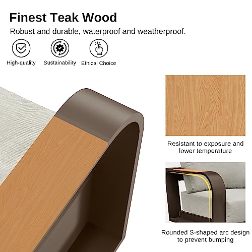 East Oak Signature 3 Pieces Patio Furniture Set, Outdoor Furniture With Aluminum Frame Finest Teak Wood Armrest Cushion Sofa And Table, Modern Patio Conversation Set For Garden Porch, Coffee & Beige #TOP4
