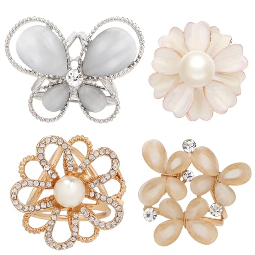 kilofly 4pc Women's Elegant Faux Pearl Crystal Rhinestone Scarf Ring Buckle Clip