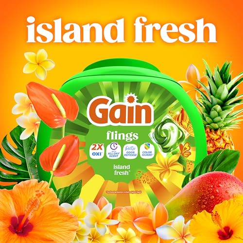 Image of Gain Flings Liquid Washing Detergent Pacs with Odor Defense + Color Guard, Island Fresh Scent, 4-In-1 Liquid Laundry Detergent Pods, Clean & Fresh, 60 Count (Packaging May Vary)