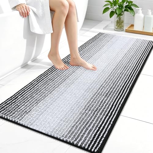 Image of OLANLY Bathroom Runner Rugs 44x24, Extra Soft Absorbent Chenille Striped Bath Rugs, Rubber Backing, Machine Wash Dry, Long Bath Mats for Bathroom, Tub, Shower, Home Decor Accessories, Black