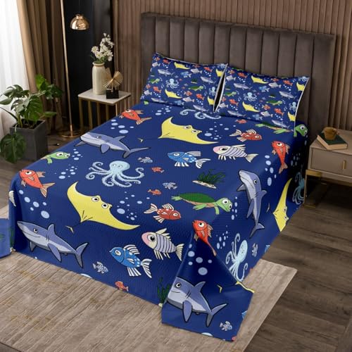 Erosebridal Tortoise Quilt Set for Kida Boys Room, Sea Turtle Shark Coverlet Queen Size, Underwater World Bedspread, Octopus Sea Animal Bedding Set, Dark Blue