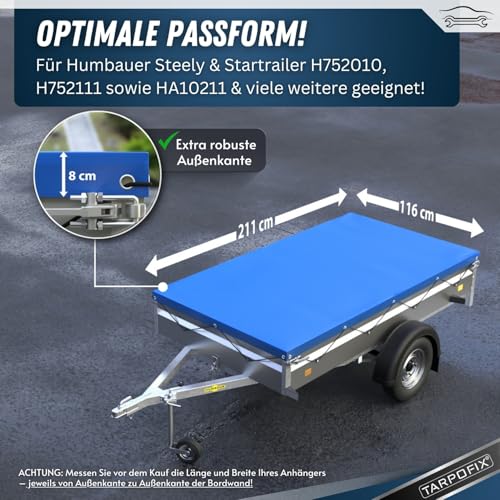 Tarpofix® Anhänger Plane 211 x 116 cm inkl. Planenseil | Anhängerplane Flachplane aus PVC PLANENMATERIAL | Verstärkte Humbaur Anhänger Plane für 750kg PKW Hänger | Abdeckplane Anhänger Abdeckung Blau