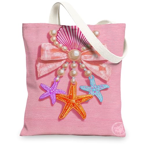Image of Beachy Canvas Tote Bags, Fun Starfish Design Reusable Shopping Bags, Lightweight Washable Shoulder Strap Tote for Travel Pi, Peach, 13x15 Inch