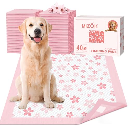 Image of MIZOK Puppy Pads 22x22in Pee Pads for Dogs with Cherry Blossom Pattern 6 Layer Super Absorbent for Up to 4 Cups Dog Pee Pads Leak-Proof Dog Pads for Small Dogs, Puppies, Doggie (28x34in | 40Ct-Pink)